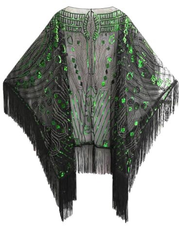 Damen Poncho mit Pailletten und Perlen Fransenschal und Umhänge Vintage Schal Art Deco Abendumhang Schals