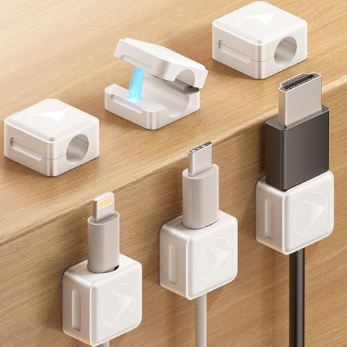 6 Pack Magnetic Cable Clips Cord Holder, Smooth Adjustable Charging Phone Cable Holder for Nightstand, Adhesive Phone USB Cord Clips Managment Cable Organizer Keeper for Desk Office Home Wall, White