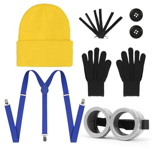Meleager Karneval Kostüm Accessoires, Gelbe Mütze Handschuhe mit Hosenträgern und Brille, geeignet für Halloween, Kostümpartys und Rollenspiele