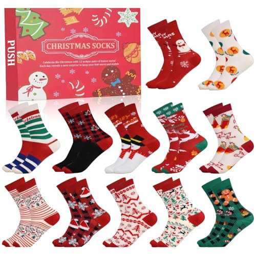 Weihnachten Socken Adventskalender für 2024, 12Paare Weihnachtssocken Kuschelsocken Damen Herren Christmas Socks Countdown Calender (DE/NL/SE/PL, Alphanumerisch, Einheitsgröße, Regular, Regular, B)