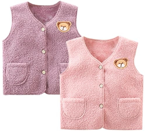 AOOPOO 2 Pezzi Gilet in Pile per Bebè Bambini Lana D'agnello Autunno Inverno Bambina Senza Maniche con Bottoni a Pressione Giacche Ragazzi Ragazze Caloroso Capispalla Cardigan Top con Motivo