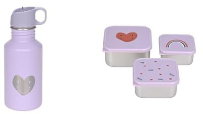 LÄSSIG Trinkflasche + LÄSSIG Snackbox 3er Set Kindergarten Schule Littgle Gang & Happy Rascals Heart lila