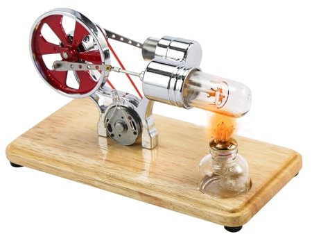 Stirling Engine, Drip Molding Steam Engine with Oak Base Plate and LED Lights for Educational Displays and Children's Entertainment (Silver)