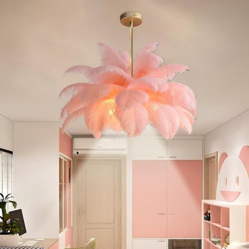 AstrizLamp Feder HäNgelampe Rosa, Feder Lampe Nschirm Kronleuchter Wohnzimmer Kreative Dekorative Nordische Pendelleuchte Mit LED Deckenstrahler 4500K für Schlafzimmer Esszimmer Kinderzimmer 100cm