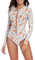 Rash Guard Swimsuits for Women, UPF 50+ Long Sleeve Swimsuit Women, One Piece Zip Floral Print Modest Swimwear, Orange Print, M
