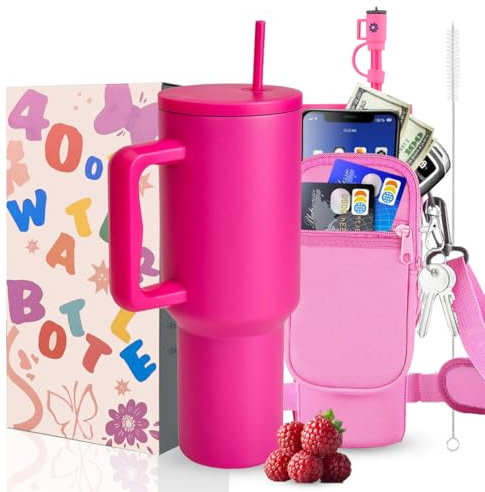 Sanilinwild 40 oz Tumbler with Handle and Straw Water Bottle Holder with Phone Pocket-BPA-Free-Easy to Carry-Travel Coffee Mug - Dishwasher Safe-Women Men for Holiday (Doughnut Pink)