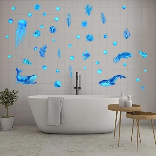 2 Stück Wandsticker, Unter dem Meer Fisch Wandaufkleber, 20x30 CM Wandaufkleber Kinderzimmer, Meereswelt Leuchtaufkleber, Cartoon Wandfiguren, Kinderzimmer Babyzimmer Badezimmer Wanddeko