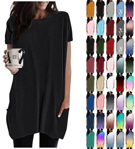 T Shirt Damen Lang mit Kapuze - Longshirt Damen Kurzarm Oberteile Sommer Tunika Bluse Solide Longtops Lässige Locker Hoodie Tshirt Taschen Rundhals Long Tops Pullover Blusen & Tuniken für Frauen