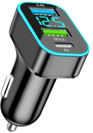 Cargador Mechero USB Carga Rapida, Cargador Coche USB 66W, Adaptador de Mechero con Carga Rápida QC3.0, PD 30W y USB 2.4A, Voltímetro LED Integrado, Compatible con Smartphones y Tabletas ﻿