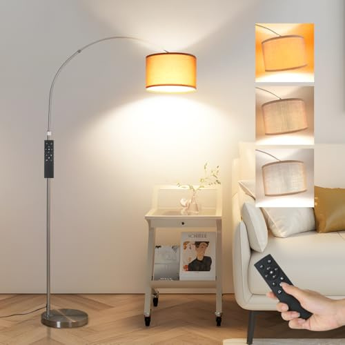 ANTENLICHT AURA Bogenlampe mit Fernbedienung | Wohnzimmer Stehlampe Dimmbar | Inklusive LED E27 I Braun Stoffschirm 33 cm I I Bogenleuchte Silber Vintage geeignet für Schlafzimmer, Hotel