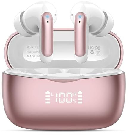 WeurGhy Bluetooth Kopfhörer, Kopfhörer Kabellos Bluetooth 5.3 In Ear Kopfhörer mit 4 ENC Noise Cancelling Mic, 56Std HiFi Stereo Tiefer Bass, IP7 wasserdicht Ohrhörer mit LED Anzeige,2025,Roségold
