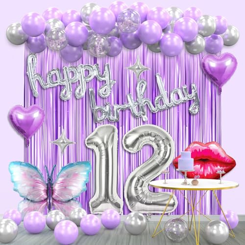 12th Birthday Decorations for Girls -Lavender Purple Silver Butterfly Happy 12 Years old Birthday Decor Set with Banner, Number 12 Balloons, Balloon Arch Kit.