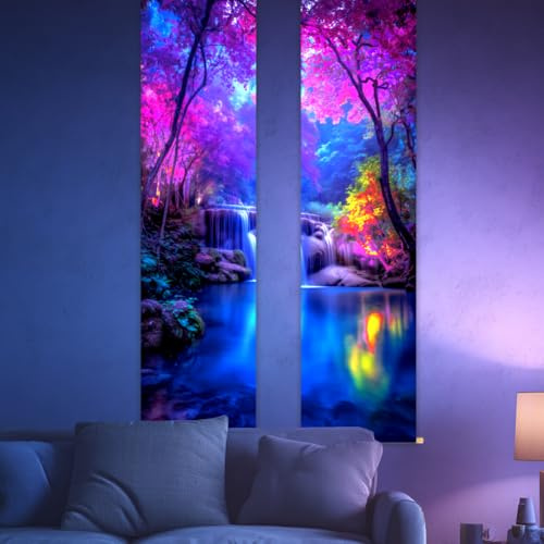 CRAFTYMELODY 2 Packung Schwarzlicht Wandteppich Mit Wasserfall Wald Im Dunkeln Leuchtend UV Reaktiv Landschafts Wandbehang 12.915.1 x (7)(6) cm Mit Seil