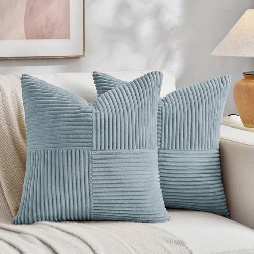 FDTERN 2er Set Hellblau Kordsamt Kissenbezug 50x50 Weich Moderne Dekorative Kissenbezüge Kissenhülle Dekokissenbezug Sofakissen Dekokissen Boho Deko für Sofa Schlafzimmer Wohnzimmer Bett