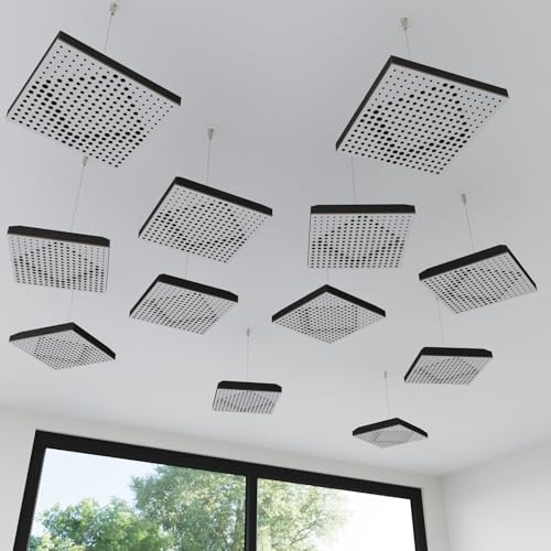 Pack de 4 mini paneles acústicos colgantes para techo | Absorbente acústico 3D HDF con kit de suspensión | Decoración acústica para techo | 25 × 25 cm | Color: [Blanco | WILDS-Mini]