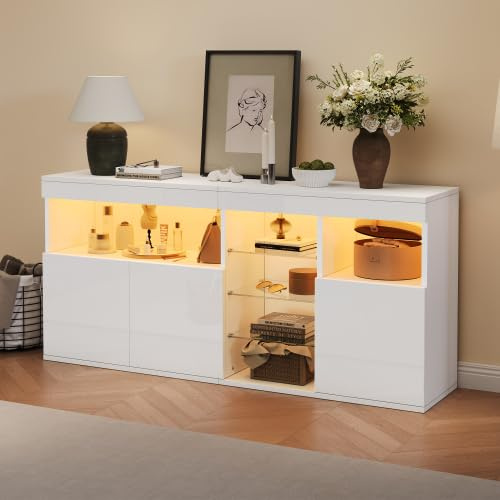 Merax Sideboard 155,5 x 35 x 72 cm – Weißer Hochglanz Wohnzimmerschrank mit 3 Türen, 3 Glastrennwänden und LED-Beleuchtung, Grifflose Kommode für Wohnzimmer, Mehrzweckschrank, Sofa-Beistellschrank