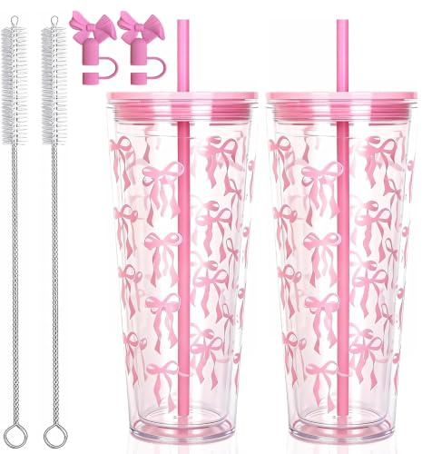 XEERUN 700ml Plastic Cups with Straw and Lid, 2 Pack Insulated Cup for Iced Coffee, Reusable Tumbler for Cold Drinks, Double Wall Drinking Cups for Travel, Camping, Beach, Outdoor, Pink Bow