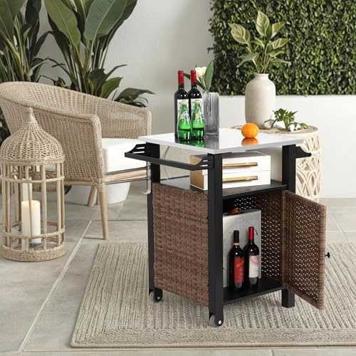 phosir Carrito de mimbre con tapa extensible de acero inoxidable, isla de cocina para exteriores, con armario, cajón, soporte para vasos y abrebotellas, color marrón