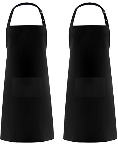 Syntus Verstellbare Latzschürze, wassertropfenresistent, mit 2 Taschen, Kochschürzen für Damen und Herren, Koch, Schwarz, 2 Stück