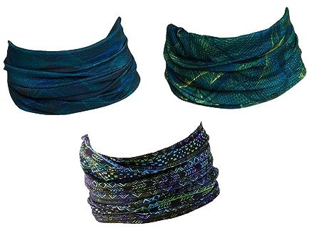 Hilltop 3x Motorrad Multifunktionstuch, Kopftuch, Halstuch, Bandana 3-er Set in ausgewählten Designs, Schlauchtuch für Damen und Herren, 3er Set:grün blau