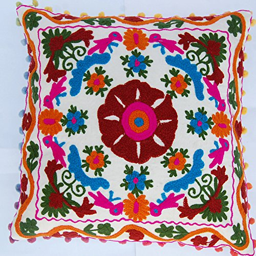 Traditional Jaipur Suzani Kissen, bestickter Kissenbezug, 40,6 x 40,6 cm, dekorativer Kissenbezug mit indischem Bommel, Outdoor-Kissen, Boho-Kissenbezüge