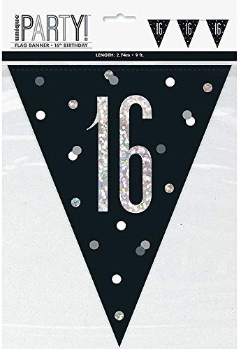 Stunning 16th Glitz Black & Silver Prismatic Plastic Flag Banner (274cm) - Elegant Decor for Memorable Celebration - 1 Pc