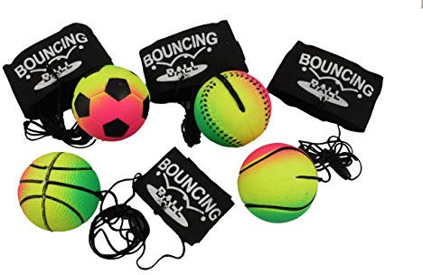 ELLUG 4er Set Neon-Springball/Returnball/Flummi, Armband & Schnur, Safety Clip, Fußball/Basketball/Tennisball/Baseball Ø6,3cm (2700011)