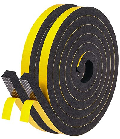 fowong High Density Foam Tape 12 mm(W) x 12 mm(T) x 2M (L) Home Window Insulation Self Adhesive Weather Stripping Seal Soundproof Shockproof Gap Sealing, 2 Pcs Total 4M Long