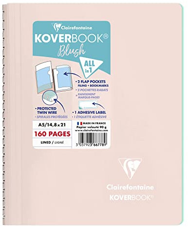 Clairefontaine 366778C Spiralblock Koverbook Blush, DIN A5, 14,8 x 21cm, 80 Blatt, liniert, 1 Stück, Rosa Perlmutt/ Minzgrün