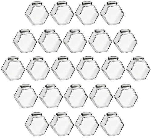 gouveo 24er Set Einmachgläser 380 ml Wabe mit Schraub-Deckel silberfarben - Schöne Vorratsgläser mit Schraubverschluß - Leere Schraubgläser für Honig, Marmelade (EGW380S)