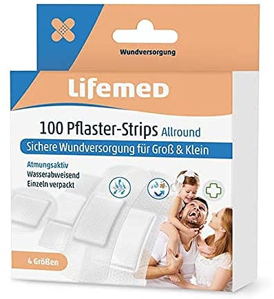 Lifemed - Praktische Grosspackung 100 Pflaster-Strips halbtransparent Allround 4 Größen - wasserabweisend, 1er Pack (1 Stück)