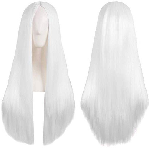 Colorful panda blanc longue ligne droite Cosplay perruque partie centrale perruque de cheveux synthétiques naturels pour femmes ou filles pour Halloween Costume Party ou usage quotidien