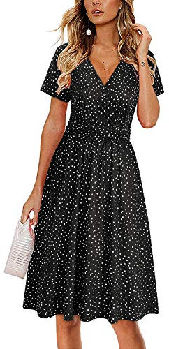OUGES Women's Summer Short Sleeve V-Neck Floral Casual Ladies Dress with Pockets(Ploka Dot,XL)