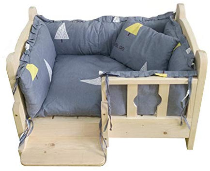 JLXJ Hundebett Hundeliege Innen Draussen Holz Hundebett mit Schienen und Treppen, Abnehmbare Matte, Groß Mittel Klein Erhöht Haustiere Kinderbetten