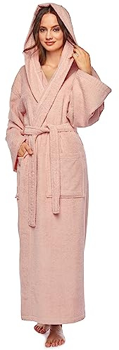 Arus Peignoir Femme 100% Coton Éponge, Capuche, Longueur Mollet | Doux peignoir en éponge avec capuche, 2 poches et ceinture – idéal pour sauna, spa, bien-être et maison.