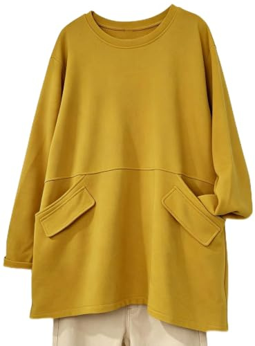 FTCayanz Damen Sweatshirt Langarmshirt Tunika Tops mit Taschen | Rundhalsausschnitt, Elastische Bündchen an den Ärmeln, Seitliche Taschen mit Ausgefranstem Rand, Locker Pullover