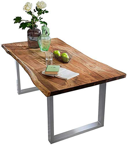 SAM Baumkantentisch 120x80 cm Quarto, Akazienholz massiv + nussbaumfarben, Esstisch mit silbernem U-Gestell, Esszimmertisch/Holztisch Industrial-Design, Tischplatte 26 mm