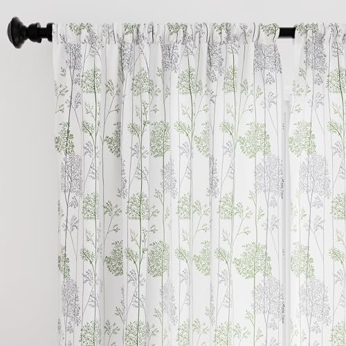 Encasa XO Polyester halbtransparent Gedruckt 140 cm W x 183 cm L Vorhänge mit Krawattenrücken 140x183 cm (6 ft), Branches Green - 2 Packung - Nicht schrumpfen & maschinenwaschbar
