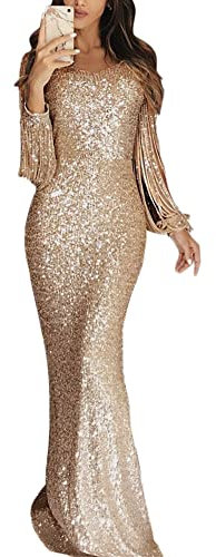 MISSMAO Women's Elegant Ball Evening Gowns Long Sleeve Tassel Bodycon Floor Length Sequins Prom Mermaid Evening Dresses Long Formal Wedding Cocktail Homecoming Dresses Evening Prom,Champagne,XXL