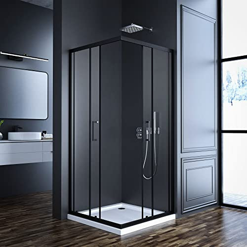 Goezes Duschkabine Eckeinstieg, Duschkabine Schwarz 80x80cm Eckeinstieg Schiebetür 6mm ESG Glas Duschabtrennung Dusche Duschwand Höhe 185cm, LINKS & RECHTS MONTIERBAR