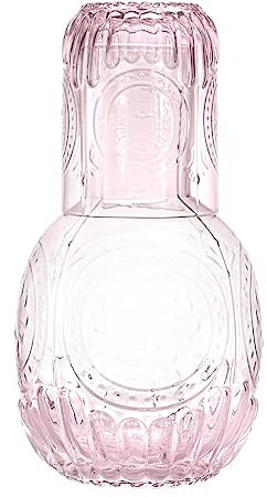 RockTrend Retro Clear Glass Bedside Night Water Carafe with Tumbler Glass, Relief Glass Pitcher And Cup Night Set Pink