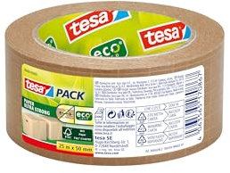 tesapack PAPER ULTRA STRONG ecoLogo, Nastro per pacchi extra forte rinforzato con fibra di vetro, in carta riciclabile prodotta con materie prime certificate FSC, 25 m x 50 mm