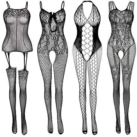 JDiction Fishnet Lingerie for Women Fishnet Bodysuit Lace Bodysuits Sexy Babydoll Nightwear (4 Pack)