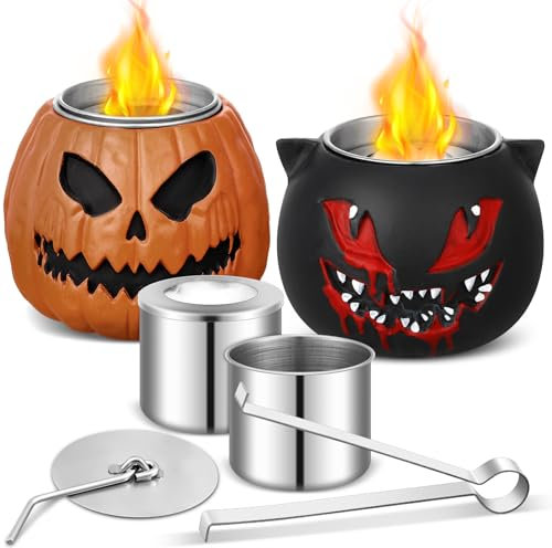 Umigy 2 Stück Halloween Schädel Kürbis schwarze Katze Tischplatte Reiben Alkohol Kamin Indoor Outdoor Feuerstelle Tragbare Feuerstelle Beton Schüssel Topf Kamin für Halloween Dekor und Geschenke