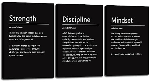 Inspirierendes Poster Stärke Disziplin Mindset Nomen Motivierende Wandkunst 3-teilig Leinwanddrucke Kunstwerk für Wohnzimmer Moderne Wohnkultur Gemälde Bilder gerahmt fertig zum Aufhängen [121 cm B x