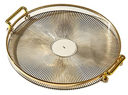 Serving Tray with Golden Handles, Acrylic Decorative Serving Platter for Food/Drinks/Snack/Coffee/Tea, Display Round Tray for Home Bar Restaurant (Amber)