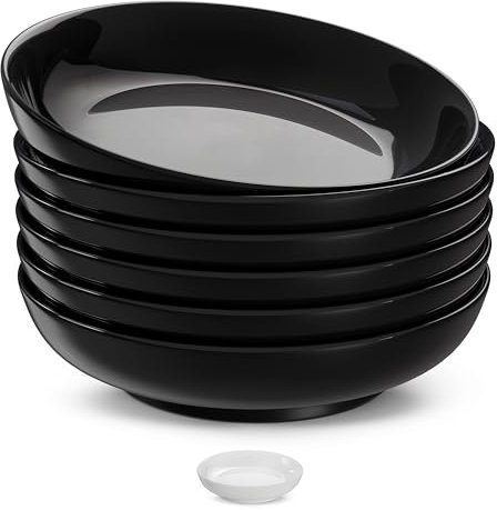 KooK Porcelain Pasta Bowl Set, For Soups and Salads, Serving Bowls, Large Capacity, Microwave & Dishwasher Safe, Set of 6, 32 oz, Black