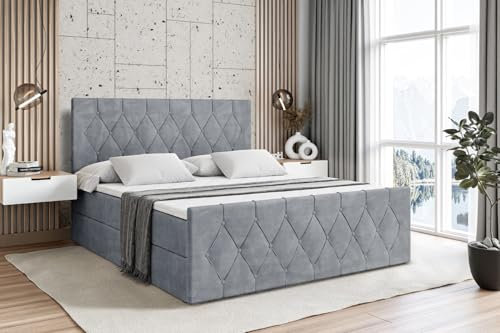 ALTDECOR Boxspringbett mit Matratze und Lattenrost, Boxbett, Fußteil, Topper, Polsterbett mit Bettkasten, Bett mit Stauraum H4-Matratze, Doppelbett, Springboxbett -VELANTO - 160x200 - Grau Samt
