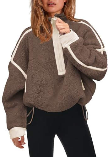 Panadila Womens Half Zip Sherpa Fleece Pullover Soft Oversized Sweatshirt with Pockets Warm Fuzzy Sweater, Brown, XXL
