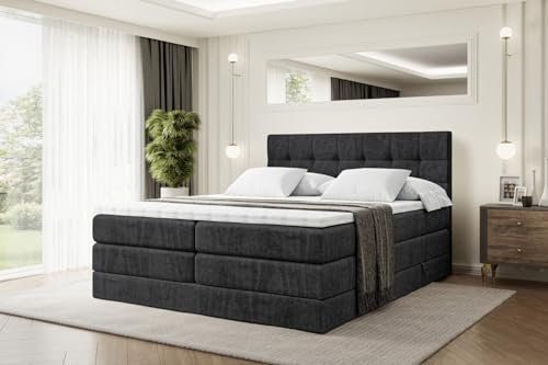 ALTDECOR Boxspringbett mit Matratze und Lattenrost, Topper, Polsterbett mit Bettkasten, Bett mit Stauraum H3- und H4- Matratze, Doppelbett, Springboxbett BERO King 200x200 - Schwarz Samt